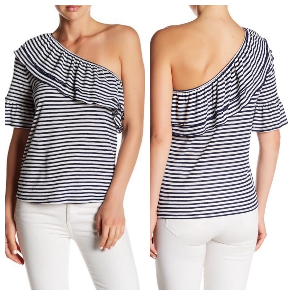 🌈RO & DE • White Navy Stripe Off the Shoulder